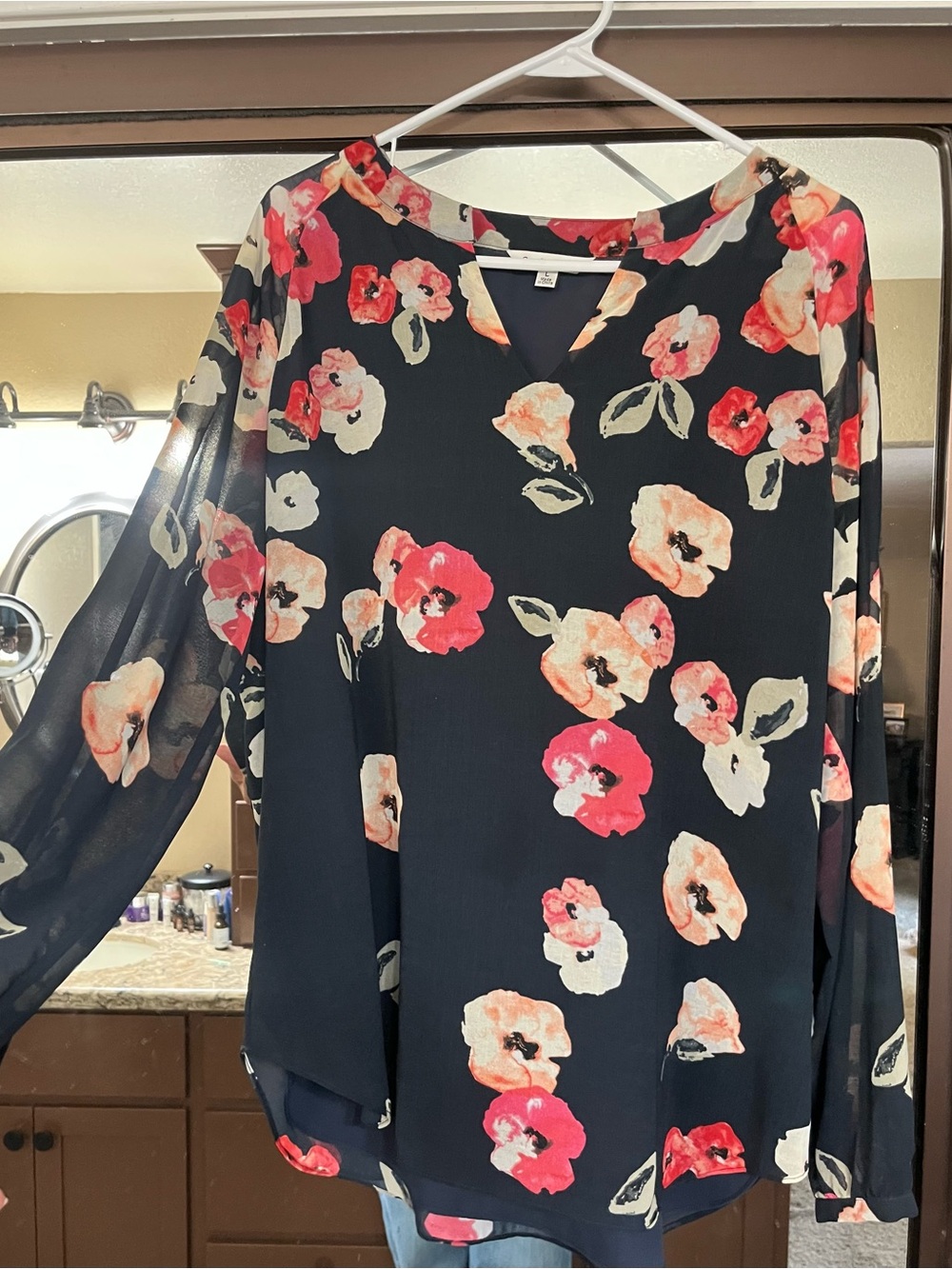 CAbi Black Top with Pink & Cream Floral Print